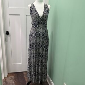 Chic Blue/Black and White Patterned Halter Maxi Dress. New. Size M